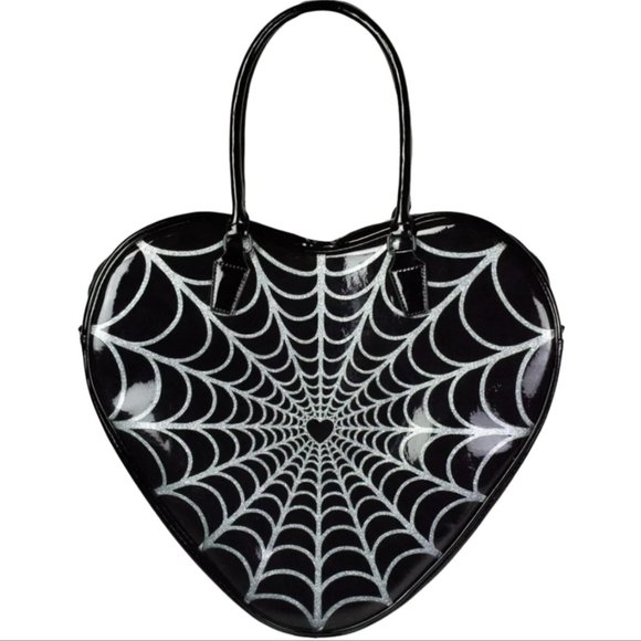 Huge Silver Sparkle Glitter Spiderweb Black Vegan Patent Leather Heart Bag NWT - Picture 2 of 4